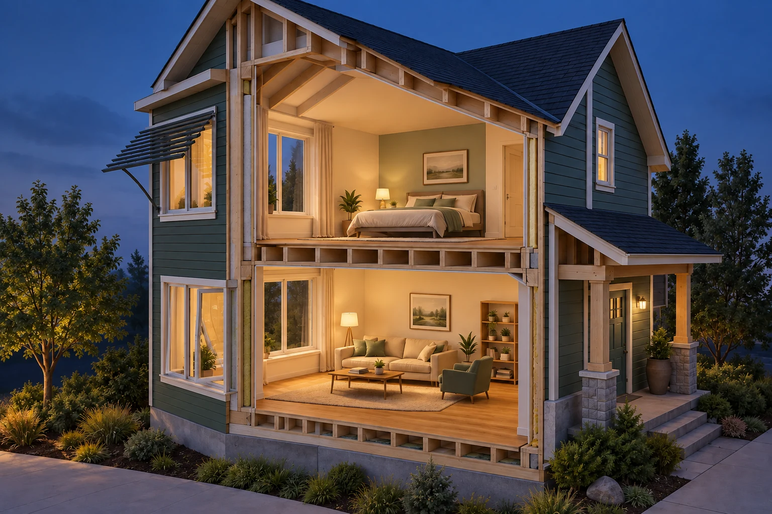 Illustrated house at dusk, cut away to reveal warmly lit living and sleeping spaces