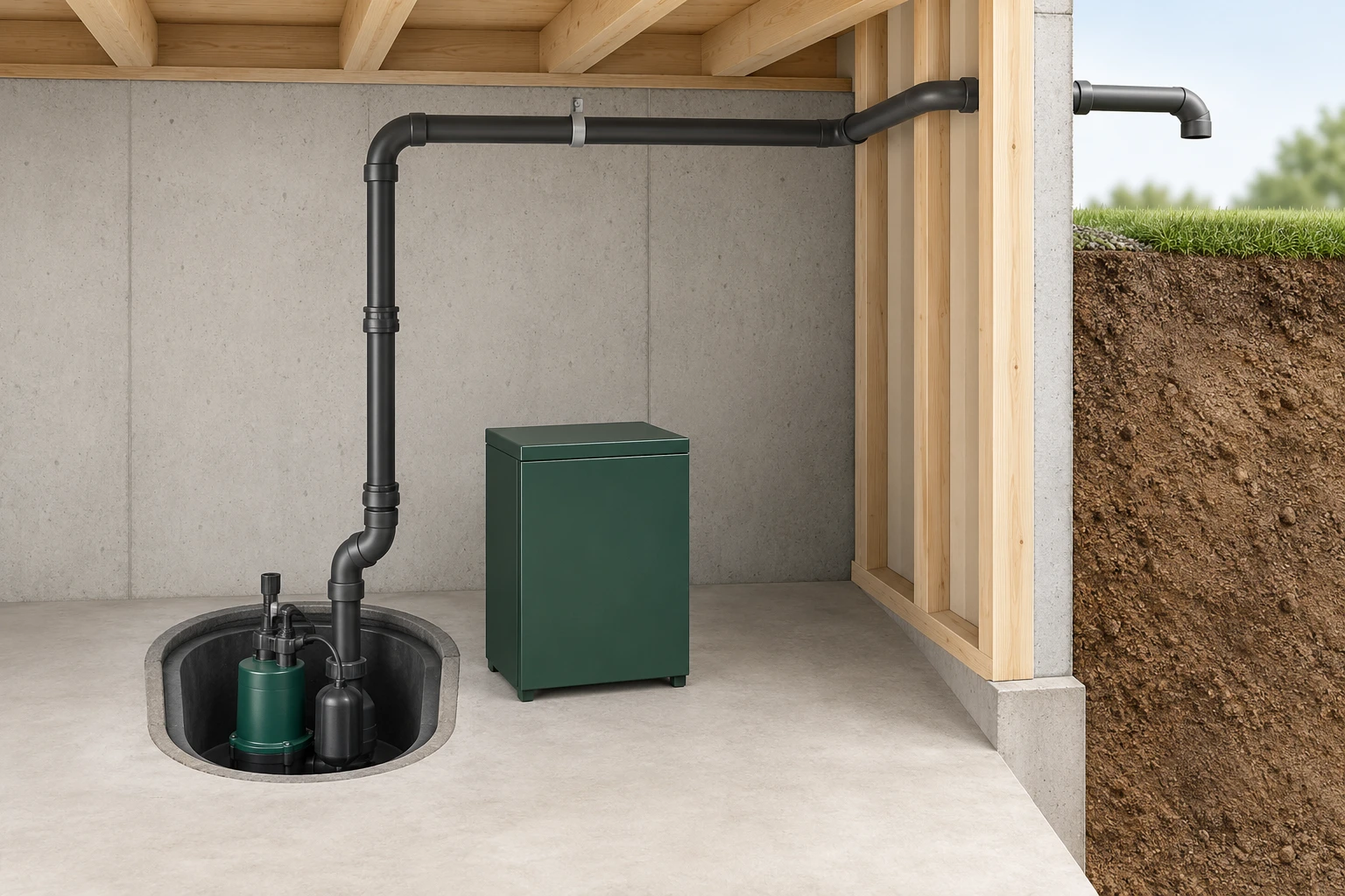 A pump sits in a dry collection pit beside a closed cabinet; a rising discharge pipe passes through a wall and ends outside.