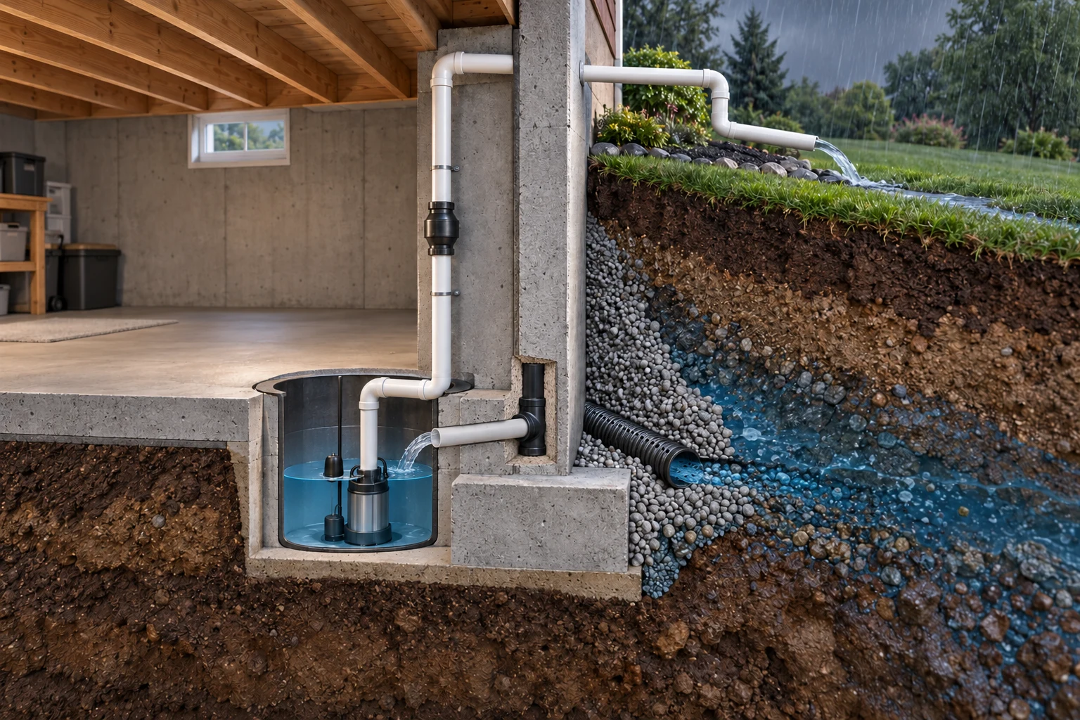Conceptual foundation section with wet exterior soil, collection drainage and a sump below a dry basement.