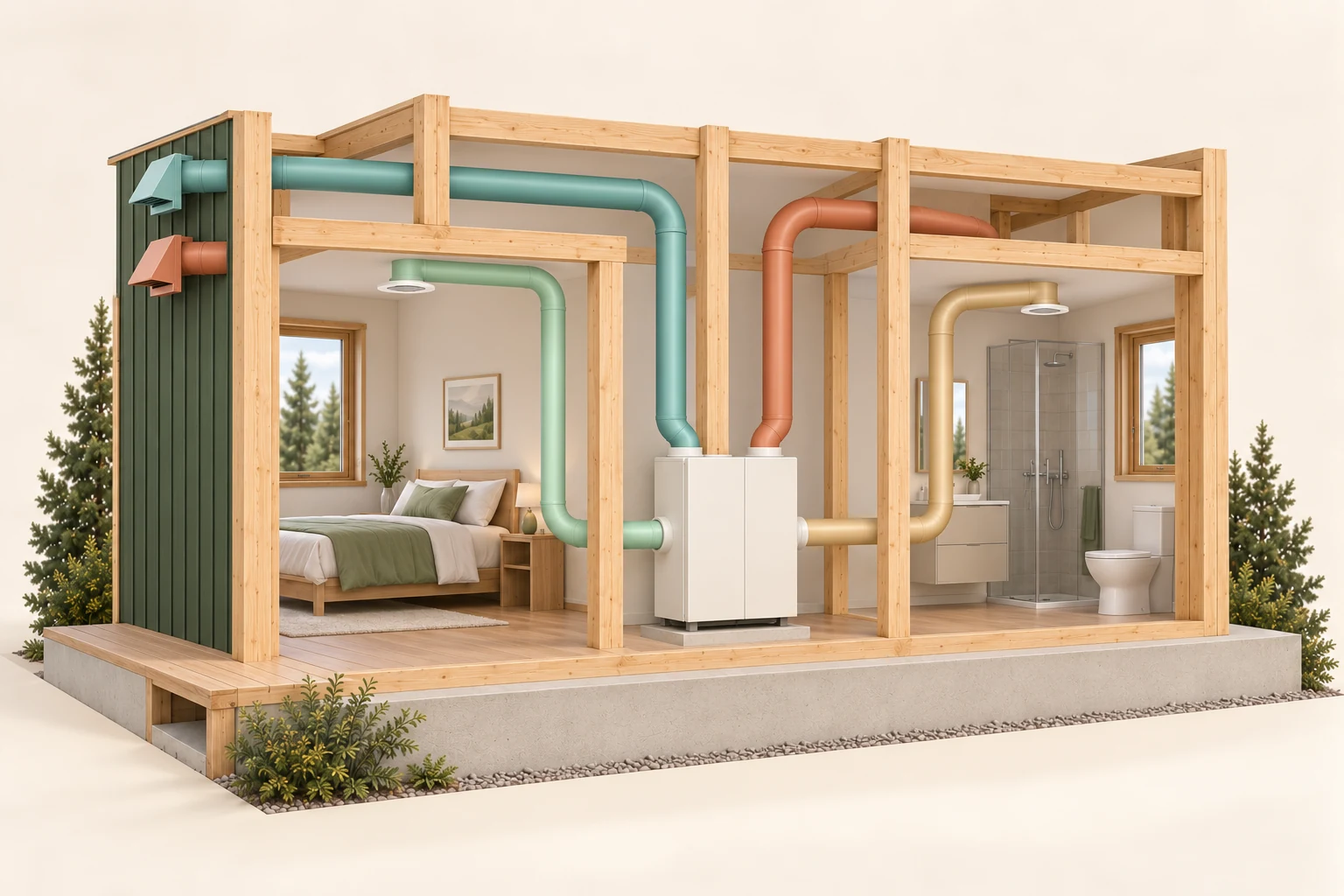 Conceptual cutaway ventilation equipment and separate fresh-air and exhaust routes