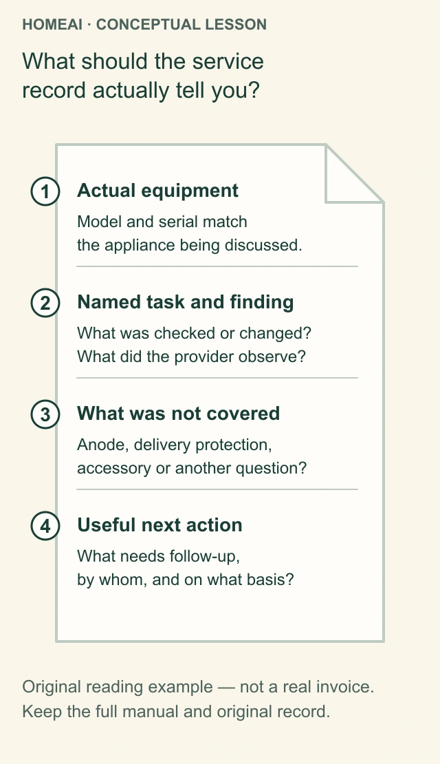 Original annotated service-record reading aid identifies matching equipment, named task and findings, exclusions and a useful next action; it contains no invented customer, work result, price or date.