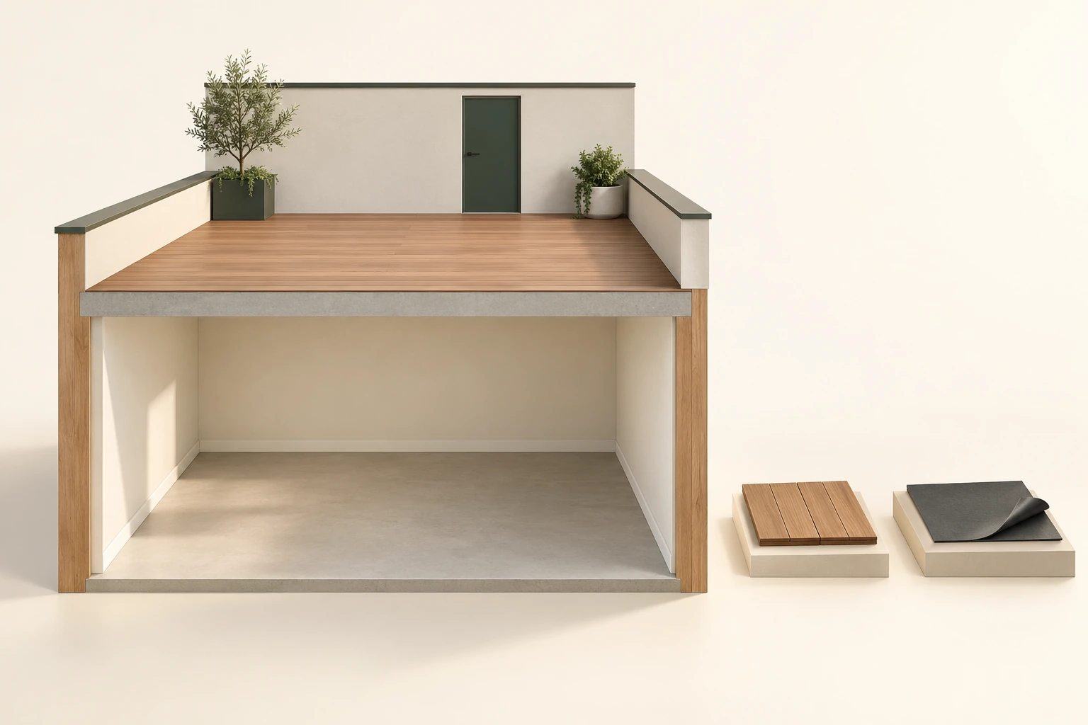 Conceptual outdoor timber-coloured walking plane above an open-front enclosed room, with a closed door and separate timber-like and curled dark material specimens on stands