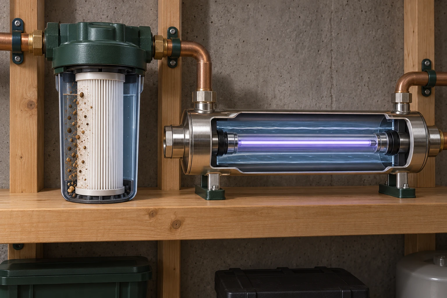 Conceptual cutaway of a pleated cartridge housing beside a horizontal UV chamber, with a central lamp and sleeve represented inside.