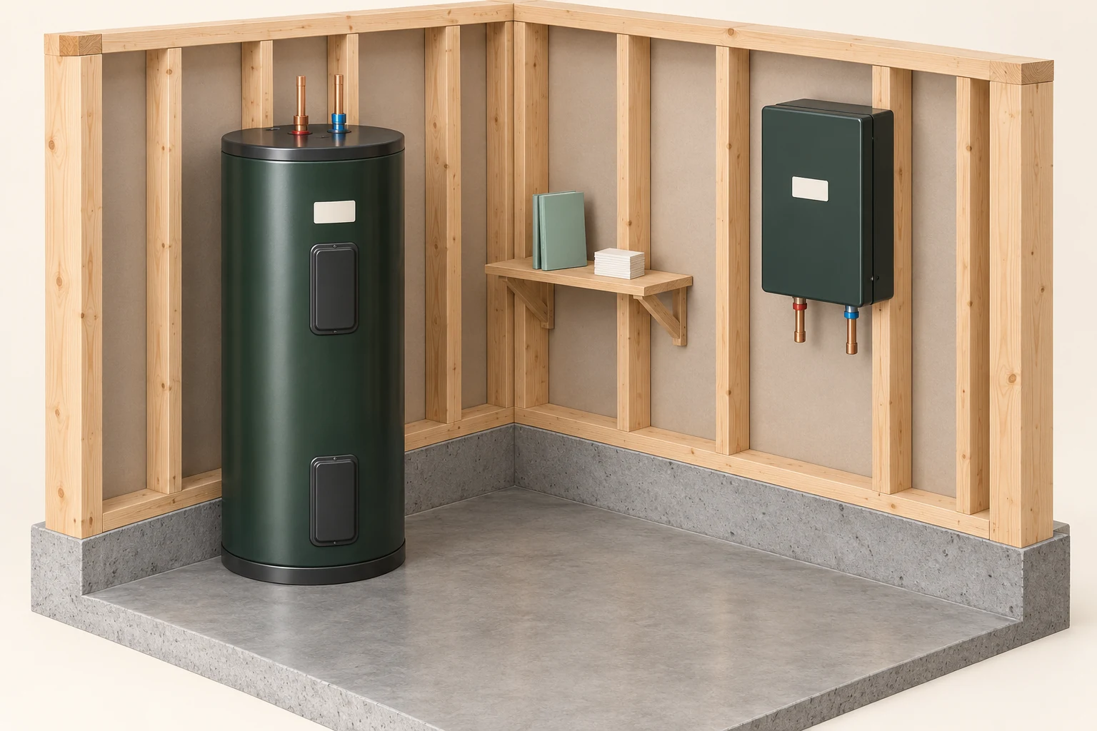Conceptual timber utility-room specimen with a closed floor-standing storage tank, separate closed wall cabinet and blank manuals and record cards