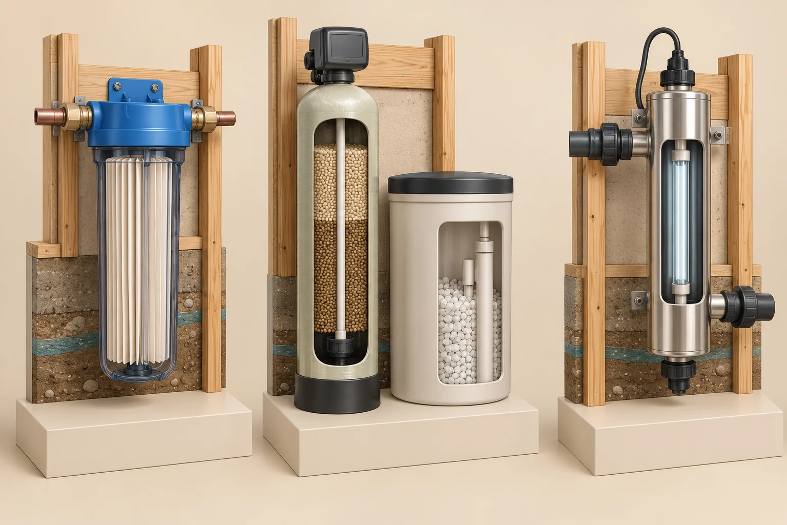 Three separate mounted virtual equipment specimens: a pleated cartridge at left, a bead-filled vessel and pellet-filled companion vessel in the middle, and a metal cylinder with an inner tube and sleeve at right; controls remain closed.